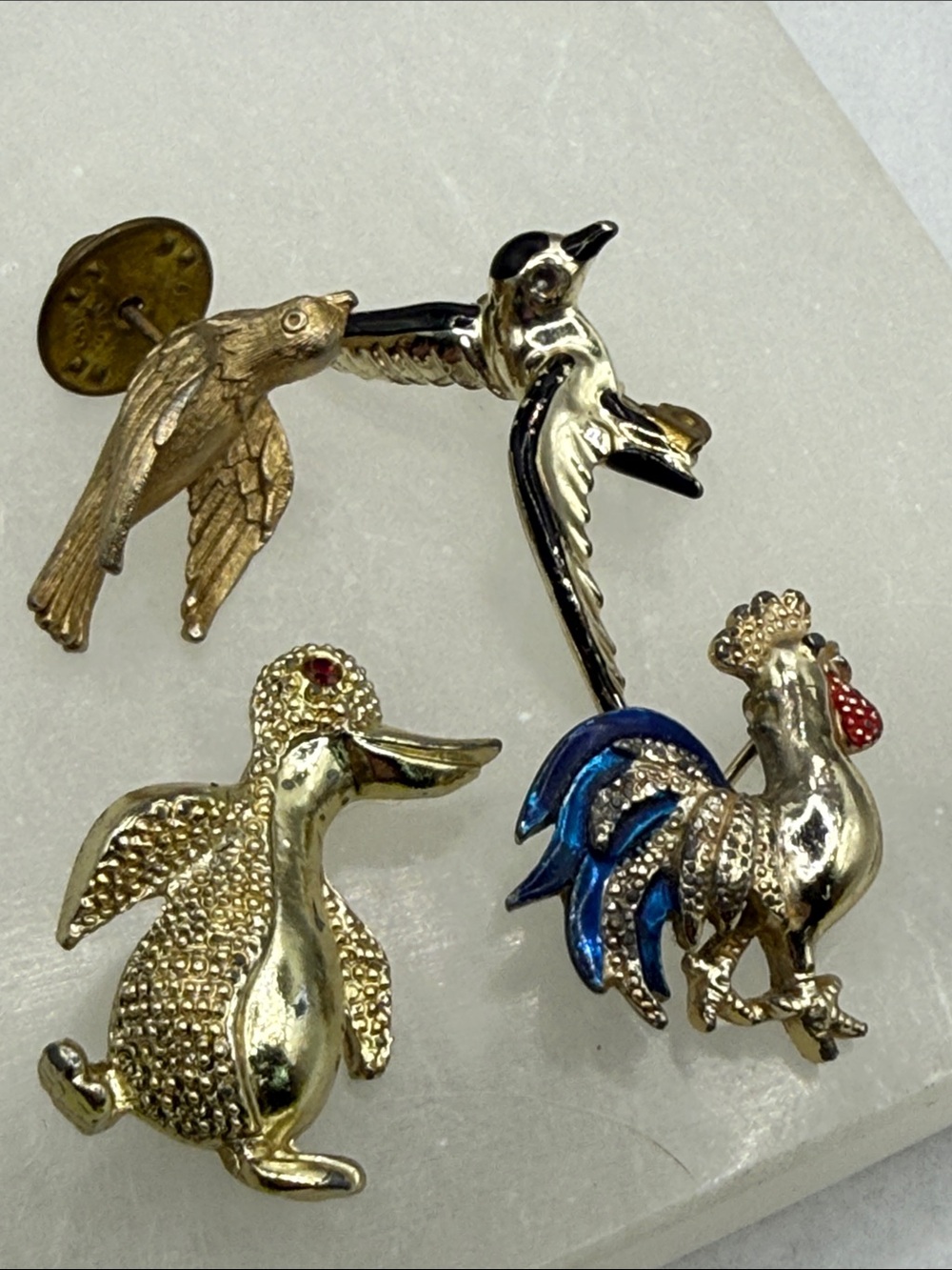 Vintage Animal Brooch Set - Gold Tone Bird, Duck, Rooster, Swallow mini pins